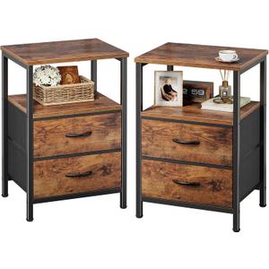 Huuger Night Stand Set of 2, Nightstand with 2 Drawers, Bed Side Table with Open Shelf, Wooden Top, End Table, Fabric Drawer, for Bedroom, Rustic Brown