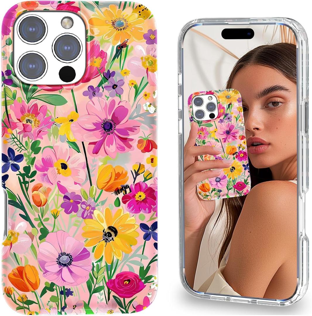 Magnetic for iPhone 16 Pro Case Cute for Women Girls, Home Button Stickers,[Drop Protection] with Slim Colorful Flowers Heart Oil Painting Girly Phone Case for iPhone 16 Pro