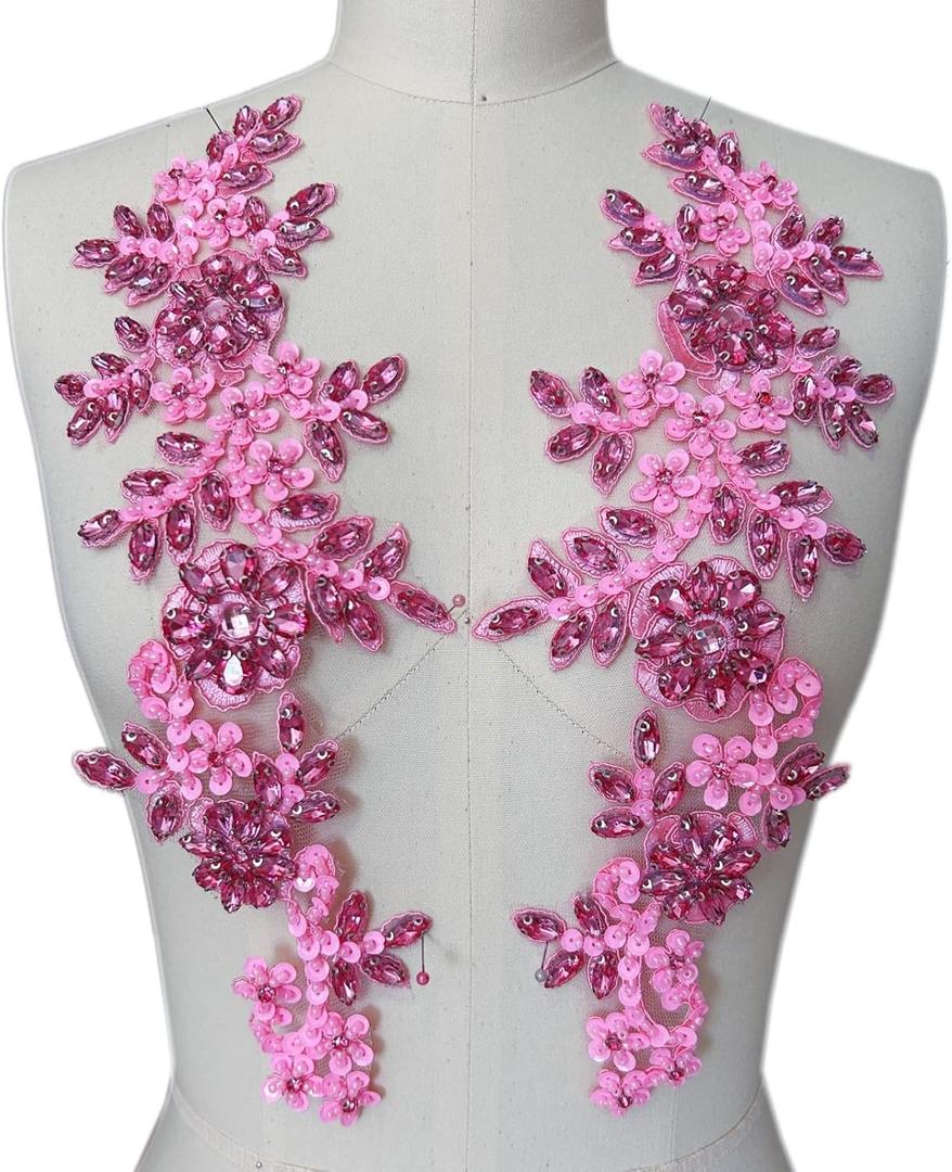 1 Pair Rhinestones Lace Applique Accessories Handsewing Acrylic Beads Stones Trim Patches for DIY Girl Wedding Dress Decorations (Pink)