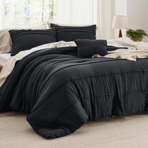 Bedsure Queen Comforter Set - 4 Pieces Pinch Pleat Bed Set, Black Boho Bedding for All Season, 1 Soft Comforter, 2 Pillowcases, 1 Decorative Pillow