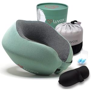 Premium Quality Memory Foam Travel Neck Pillow Bundle - Best Ergonomic Pillow for Airplane Travel, car Ride, Sleeping. Comes with Eye mask, earplugs and Storage Bag. (Imperial Green)
