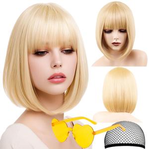 Bob Wig, 12 Inch Short Blonde Bob Wig with Bangs,Straight Cosplay Wig,Heat Resistant,Adjustable Straps Wigs for Women Girl with Wig Cap