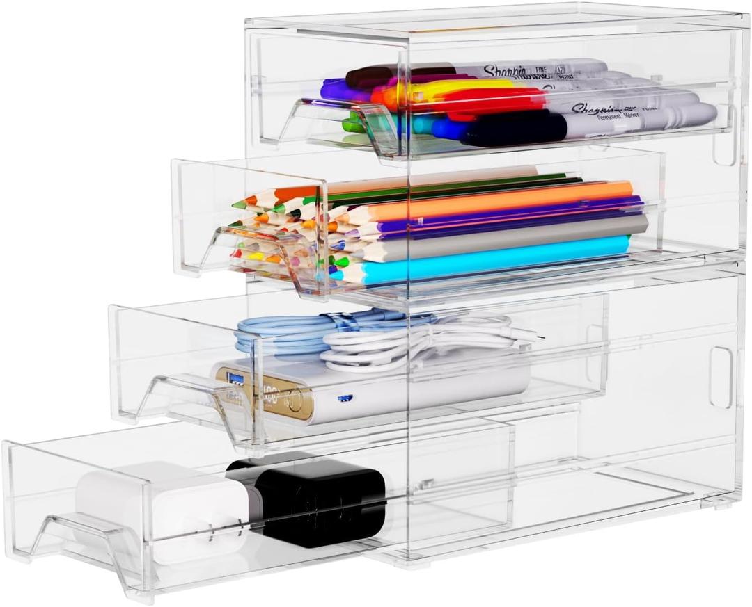 Desk Organizer Drawer Office Storage: 4 Plastic Drawers Organizers for Small Accessories, Clear Box for Stationery Supplies Organization, Storage Acrylic Bins Holder for Classroom Table