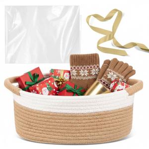 Christmas Woven Gift Basket with Gift Bags and Ribbons 12"x8"x5" Empty Cotton Rope Storage Basket for Birthdays, Baby Showers, Wedding DIY Presents(White, Coffee)