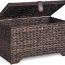 Honjourai Handwoven Storage Basket with Lid, 165L Plastic Rattan Storage Bin, Leather Buckle & Metal Frame, Large Metal Ring Handles, Storage Trunk for Bedroom, Laundry Room