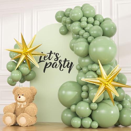 83pcs Sage Green Balloons with 2 Gold Foil Star Balloons, 18 12 10 5 Inch BOHO Green Latex Balloon Garland Arch Kit for Wedding, Baby Shower, Jungle Birthday, Safari Theme Party Decor