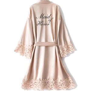 Women's Lace Trim Kimono Robe Bride Bridesmaid Satin Bridal Robes with Embroidered Getting Ready Sleepwear (Champagne)