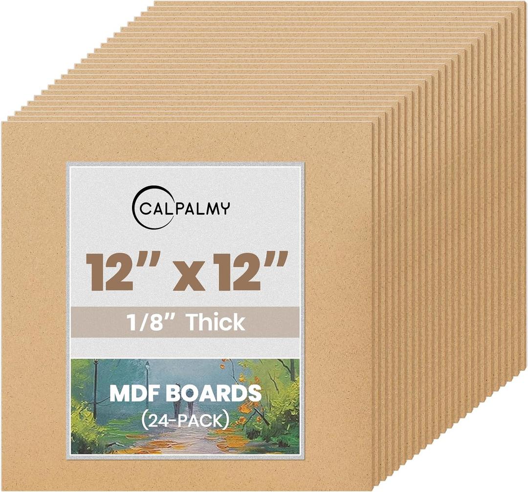 CALPALMY 24-Pack MDF Board 1/8 Inch Thick 12" x 12" Unfinished Wood Panels, 3mm Thick Medium Density Fiberboard Wood Boards for Crafts, Painting, Carpentry, Engraving, Interior Design, and More