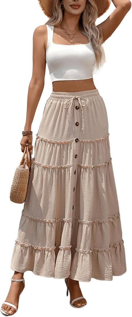 Womens Boho Maxi Skirt High Waist Tiered Ruffle Long Skirts with Buttons and Drawstring Summer Casual Vacation Outfit (Apricot)
