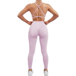 SUUKSESS Women Seamless 2 piece Workout Sets Strappy Padded Sports Bra Booty High Waisted Leggings Outfits (Baby Pink, S)