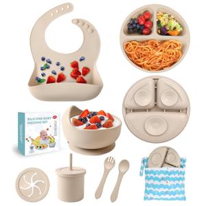 ECLIP Silicone Baby Feeding Set,10 Pcs Baby Led Weaning Supplies Baby Eating Essentials Set with Suction Bowl Divided Plate Adjustable Bib Soft Spoon Fork Cup with Lid Drinking Cup, Travel Bag (Beige)
