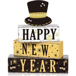 Thyle 4 Pcs Happy New Year Decorations Wooden Tiered Tray Decor Happy New Year 2026 Table Centerpieces Black Gold Table Decor Eve Party Supplies for Holiday Gifts