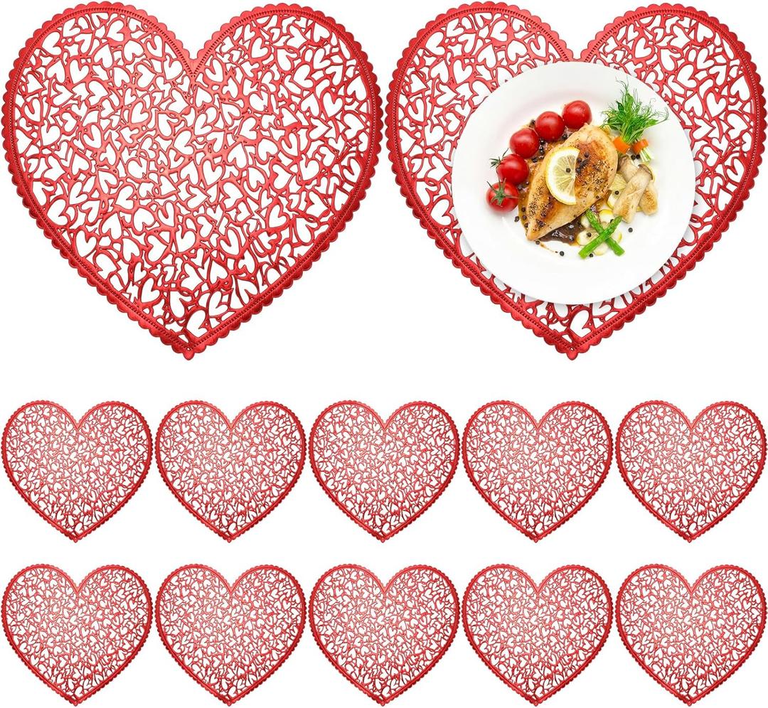Yungyan 12 Sets Valentine's Day Heart Placemats 15'' Vinyl Pressed Metallic Table Mats Romantic Table Decorations Place Mats for Couples Dinner Wedding Anniversary Party(Red, Sweet Hearts)