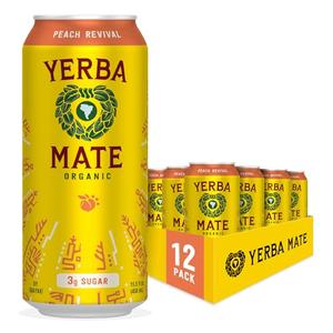 Yerba Madre Organic Yerba mate Energy Drink Alternative, Peach Revival, Low Sugar, 150mg Natural Plant Based Caffeine, Smooth Energy & Focus, No Jitters or Crash, 15.5 Oz (Pack of 12), Best By: 3/07/26