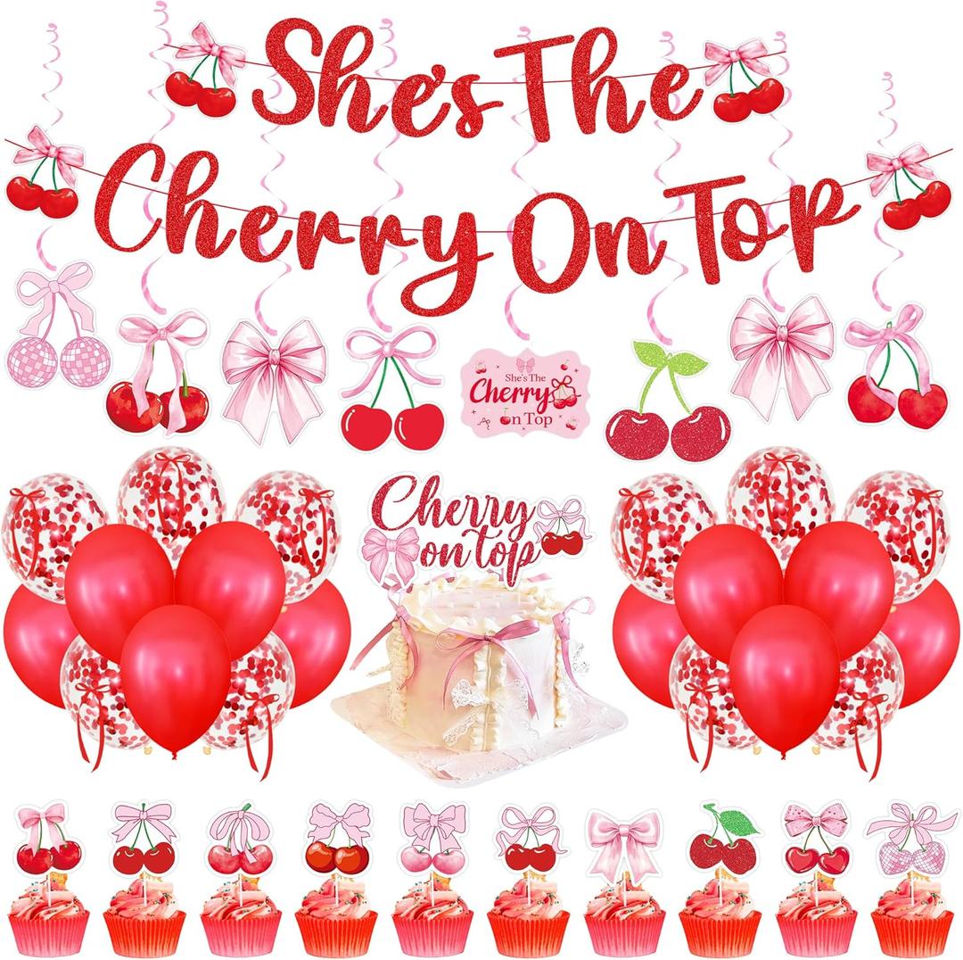 Shes The Cherry On Top Party Decorations Kit  Cherry Baby Shower Decor with Banner, Balloons, Cake Toppers, Swirl Hanging, Ribbons  Cherry Themed Party Supplies for Girls BirthdayBaby Shower