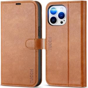 TUCCH Case for iPhone 14 Pro Max Case Wallet, [TPU Shockproof Inner Shell], PU Leather [RFID Blocking] 4 Card Holder Magnetic Stand Protective Cover Compatible with iPhone 14 Pro Max, Textured Brown