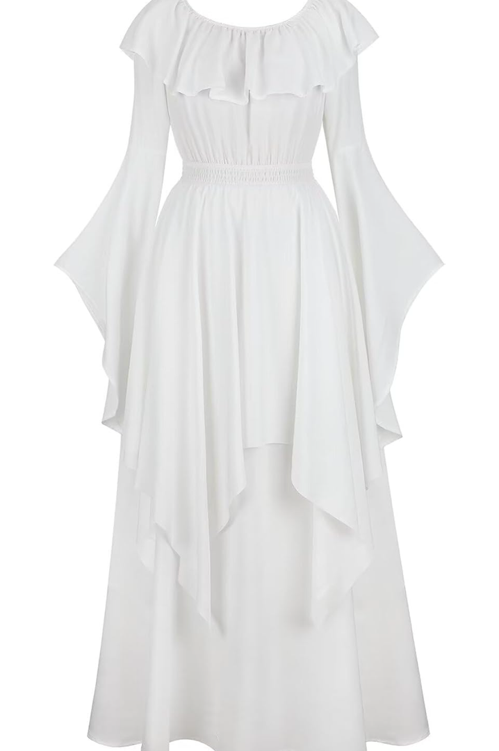Womens Renaissance Costume Dress Medieval Long Sleeved Outfit Gown Irish Over Victorian Vintage Halloween XL White