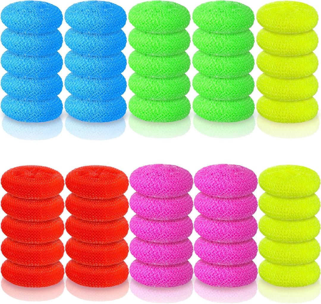Uiifan 50 Pcs Plastic Dish Scrubbers for Dishes Nylon Dish Scrubber Plastic Pot Round Non Scratch Mesh Pot Scrubber Pads for Kitchen Household Cleaning, 5 Colors