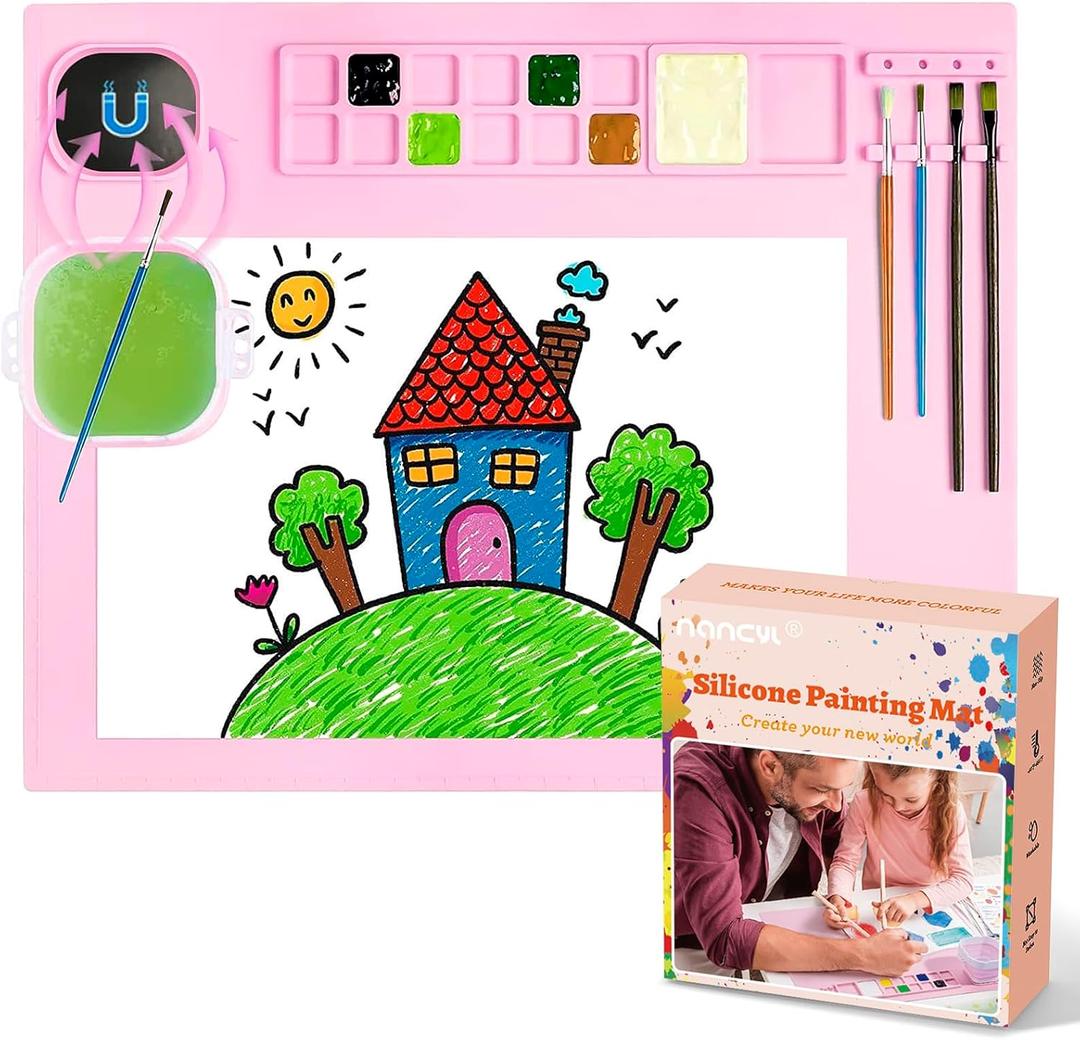 Silicone Painting Mat, Art Mat with Cup, Craft Paint Brush Cleaner Tool, Artist for Kids Gift Clay DIY Creations, Gift Packaged (Pink)