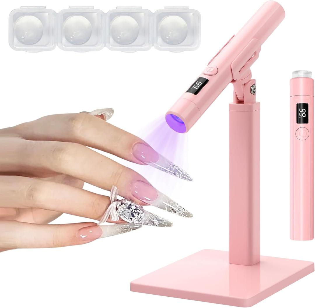 Mini UV Light for Nails，Handheld LED Flash Cure Lamp for Gel X Polish, Portable Uv Pen Light for Single Finger,Nail Curing Lamp with Stand for Starter Salon DIY or Home Manicure (Pink, Mini)