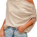 CHICME Off Shoulder Tops for Women Summer Skew Neck Blouse Adjustable Drawstring Sleeve Loose Fit Casual Top (Beige, L)