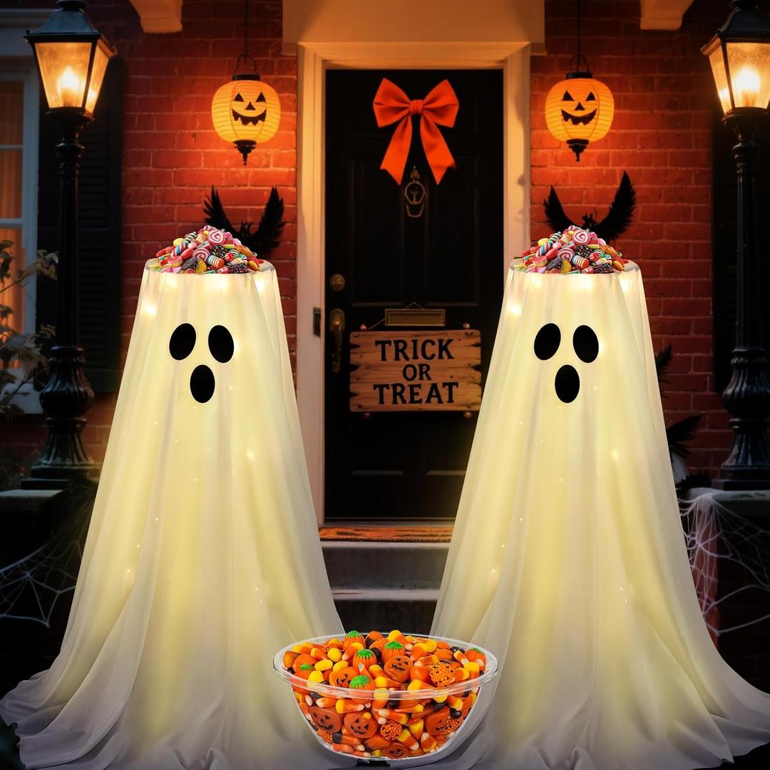 Jetec 2 Set 40 Inch Halloween Spooky Ghost Candy Holder Bowl with String Light Easy Assemble Ghost Grimace DIY Decoration Candy Installation Corridor for Front Porch Yard Trick or Treat Party Supplies