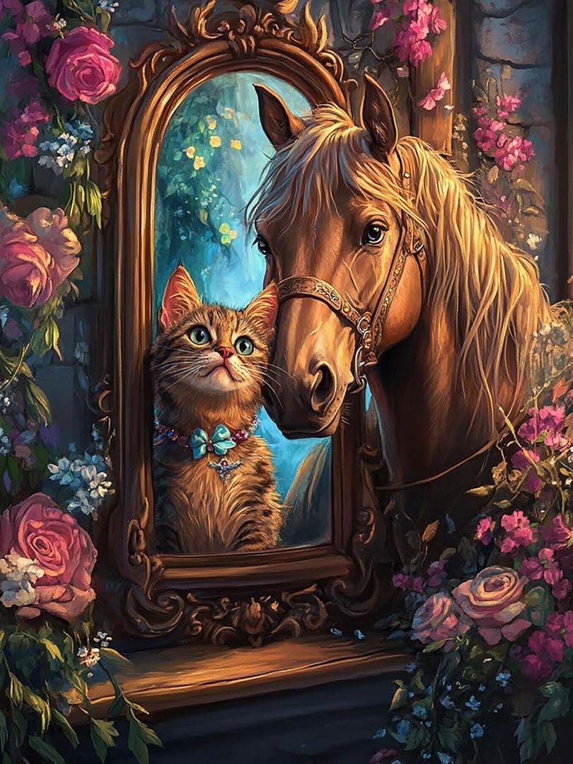 Zariocy 5D Diamond Art Kits for Adults Horse, DIY Diamond Painting Art Cats Round Full Drill Crystal Diamond Embroidery Paintings Arts Craft for Home Office Wall Decor 12x16 inch