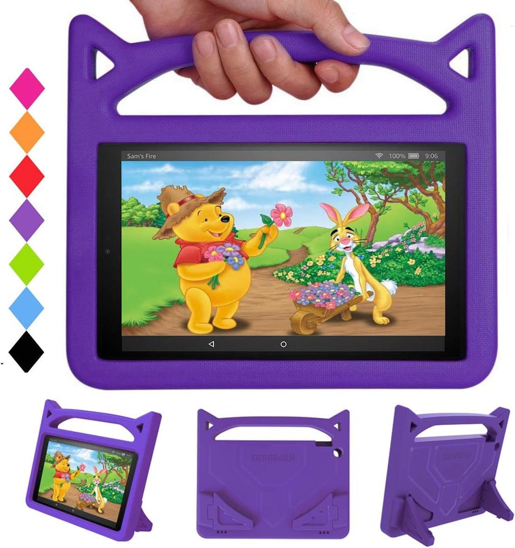 Kids Case for 10Tablet(9th/7th Gen,2019/2017 Release) Incompatible with iPad Nokia Samsung 10in Tablet-SHREBORN Lightweight Shockproof Case with Cat Ear Handle Stand-Purple