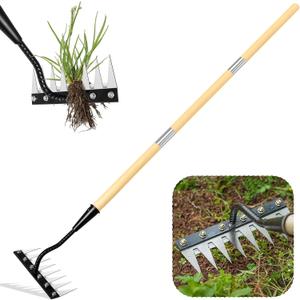 Weed Puller Tool, Iron Weeding Rake with Handle 2.0, Upgraded 8 Teeths Garden Weeding Tool Heavy Duty Gardening Tool for Lawn, Flower Beds & Soil Aeration