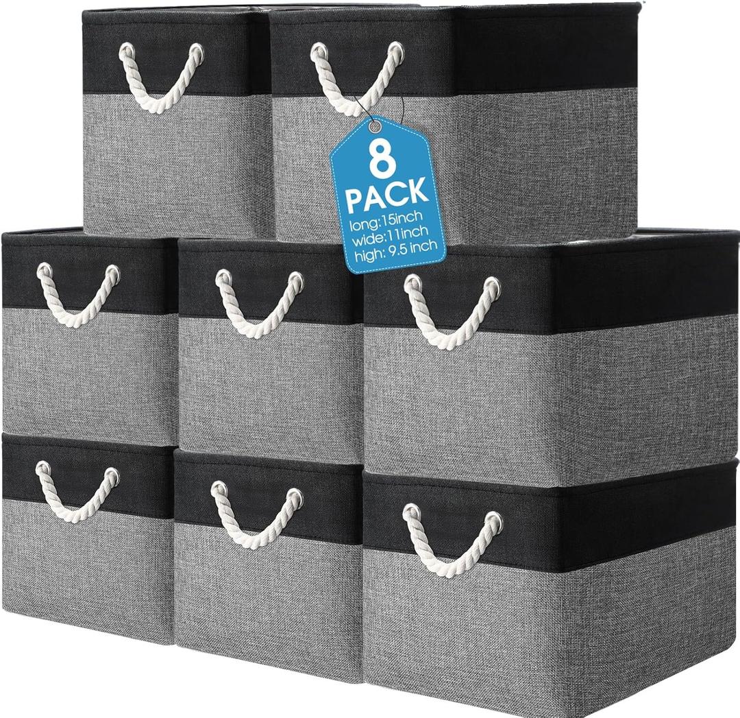 meekoo 8 Pack Collapsible Storage Bins Fabric Storage Bins Polyester Fabric Baskets with Handles Linen Closet Organizer for Shelf Home Closet Towels Toys(15 x 11 x 9.5 in,Black Gray)