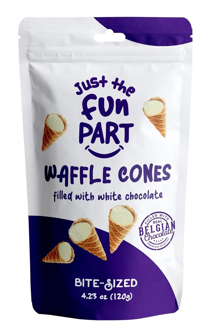 Just The Fun Part, Bite-Size Crispy Mini Waffle Cones, Filled With Premium Belgian White Chocolate, Great For Snacks, Desserts, Grab & Go - Kosher, White Chocolate, 4.23 Ounce (Pack of 1) (BBD 08/08/27)