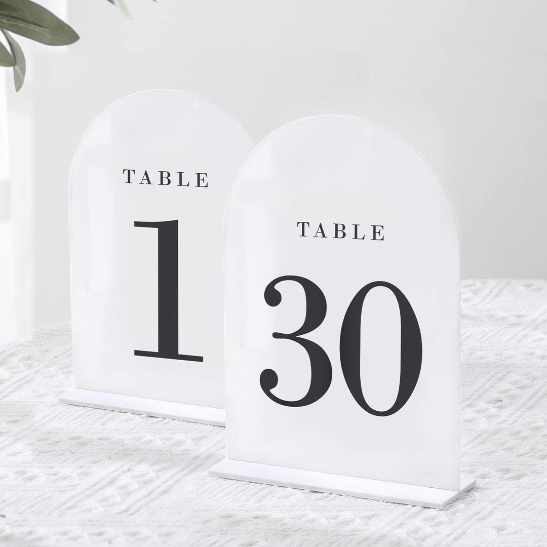 UNIQOOO White Arch Wedding Table Numbers with Stands 1-30, 5x7" Acrylic Signs and Holders, Perfect for Centerpiece, Reception, Decoration, Party, Anniversary, Event (Classic White (Black Font))