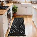 LIVEBOX Boho Black Kitchen Rug Non Slip, Washable Bathroom Runner Rug and Pad Gripper, Laundry Room Cotton Blend Woven Carpet Mat with Tassels (Set of Black Rug + Non Slip Pad, 2' x 4.3')