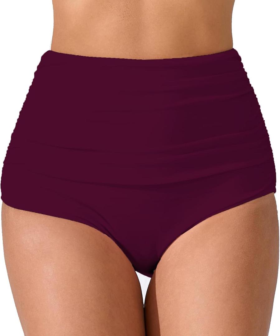 JOYBIK Women’s High Waisted Full Ruched Bikini Swim Bottoms Tummy Control Full Coverage Swimsuit Bottoms (Red, XL)