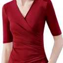 METWEY Wrap Tops for Women Summer Mesh Ruched Top Trendy 2026 Date Outfits V Neck Business Casual Work T Shirts Blouse (Medium, Wine)