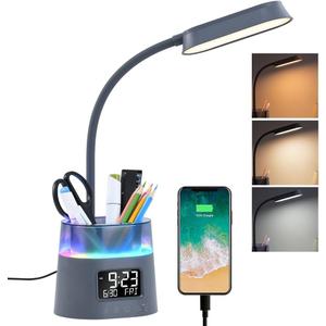 WILIT LED Desk Lamp for College Dorm Room Essentials, Students Study Lamp with USB Charging Port, Pen Holder, Clock & RGB Night Light, Office Desk Accessories, Table Lamp for Bedroom - Gray