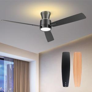 ocioc Ceiling Fans with Lights and Remote,52 inch Black Low Profile Ceiling Fan with Light,Flush Mount,Reversible DC Motor,Dimmable,Noiseless,Modern Ceiling Fan for Bedroom Living Room Patio