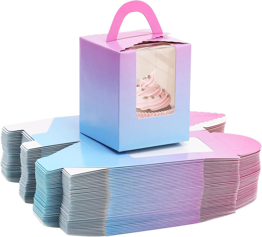 acDesign 100Pcs Single Cupcake Carrier With Window Handle and Inserts 3.6in*3.6in*4.3in Cupcake Boxes Individual for Bakery Wrapping Gift (Gradient)