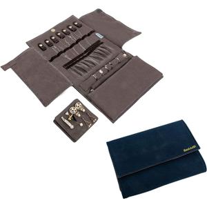 Becko US Jewelry Organizer Roll Travel Jewel Bag case for Multiple Necklaces, Rings, Bracelets, Supple Leather & Suede, Large Capacity Without Crease, Lightweight, Portable & Practical (Dark Blue)