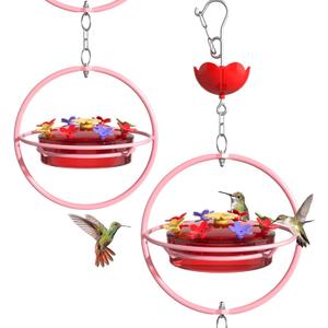 Pack of 2 Hummingbird Feeder for Outdoor Hanging - Wide Mouth Nectar Bird Feeder, Built-in Ant Moat & Easy-Refill Top, Garden Backyard Decor - Pink Metal Frame