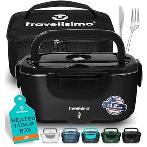 TRAVELISIMO Electric Lunch Box for Adults, 80W Heated Lunch Box 1.5L Stainless Steel Electric Food Warmers, 12/24/110V Portable Food Warmer for Travel & Work, Loncheras para Hombres de Trabajo