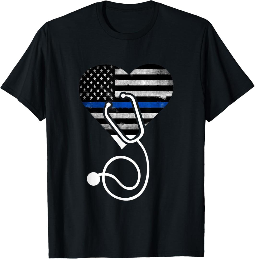 American Flag Heart with Police Thin Blue Line Nurse RN LVN T-Shirt, XS