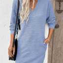 EVALESS Womens Fall Dresses 2026 Long Sleeve V Neck Casual Dress Textured Loose Fit Shift Mini Dress with Pockets (Blue, XL)