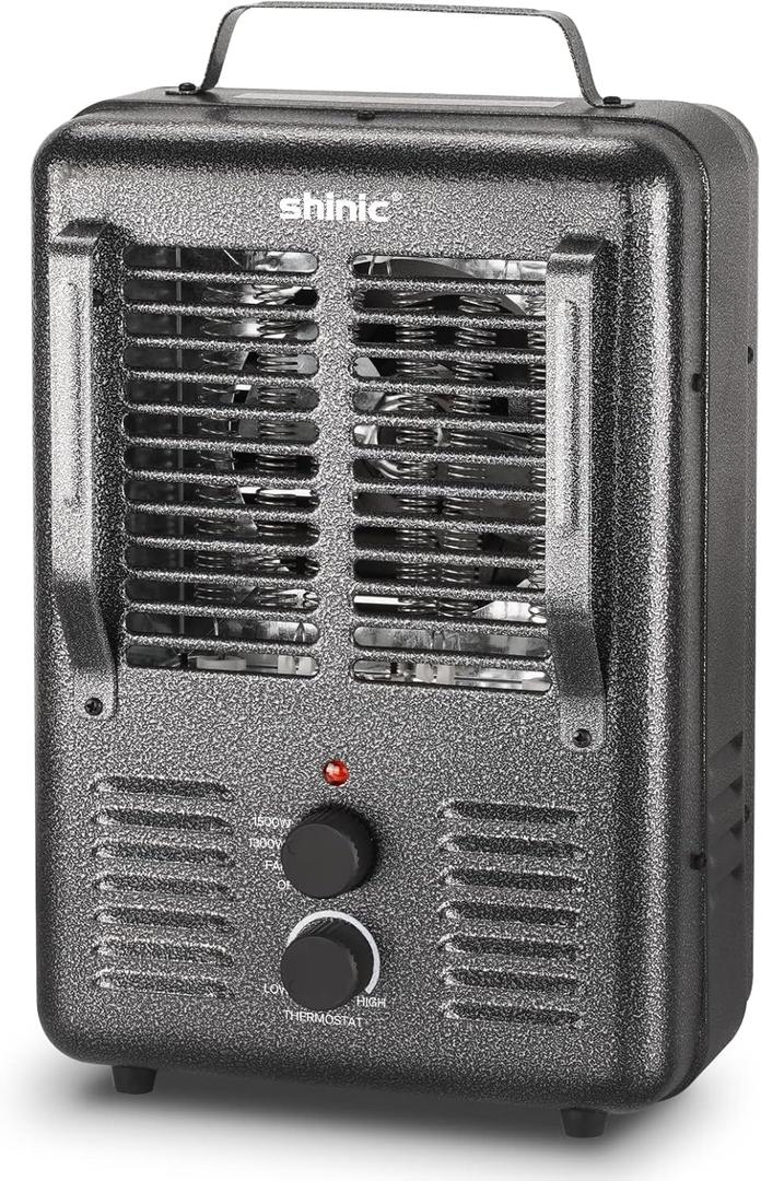 Shinic Space Heater,1500W Milkhouse Heater with Thermostat, Stay Cool Durable Metal Housing, Overheat protection, 3-Prong Plug, Tip-Over Auto Shut Off, Utility Heater for Garage, Bedroom, Greenhouse (Grey)