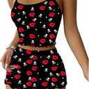 Women Valentine Pajamas Set Hearts/Lips Print Camisole Matching Shorts Set 2 Piece Loungewear Sleepwear (Black 1, L)