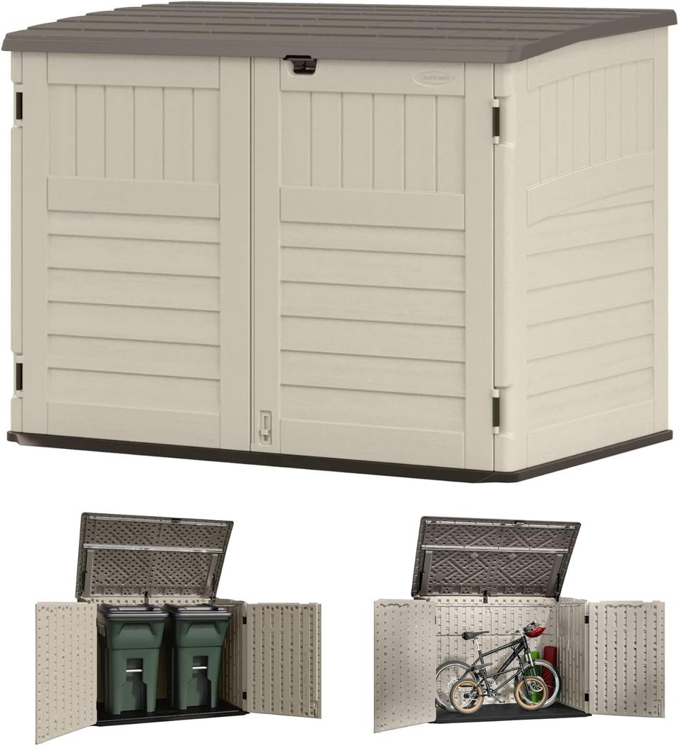 Suncast 70 Cu Ft Horizontal Resin Storage Shed - Outdoor Storage Shed with Floor Included, Lockable, Weatherproof, Fits Large Trash Cans, Bikes, Lawn Mowers, Generators, & Garden Tools, Vanilla Stoney
