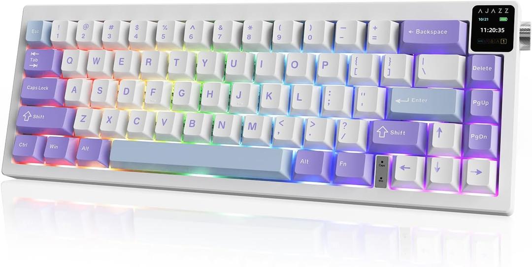 NACODEX AK650 Gasket Mechanical Keyboard, 65% Wireless Hot Swappable Keyboard with TFT Screen and Knob, RGB Backlit, Five-Layer Padding, 2.4GHz/USB-C/BT5.3 Gaming Keyboards, Purplish White Blue