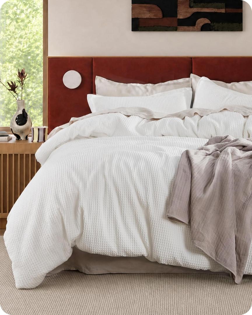 Bedsure PureWoven 3 Pieces 100% Cotton Waffle Duvet Cover Set, King, White