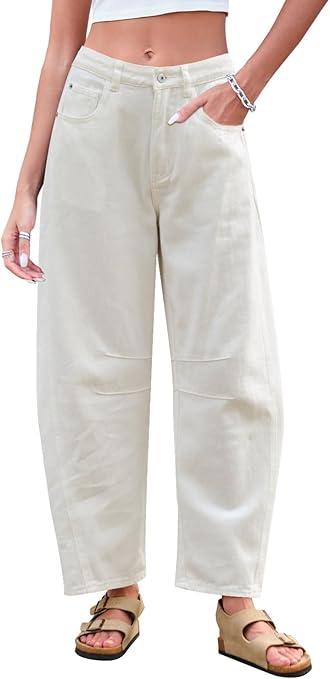 GREAIDEA Mid Rise Barrel Jeans for Women Wide Leg Mid Waist Cropped Denim Pants Y2k Baggy Boyfriend Jeans with Pockets M