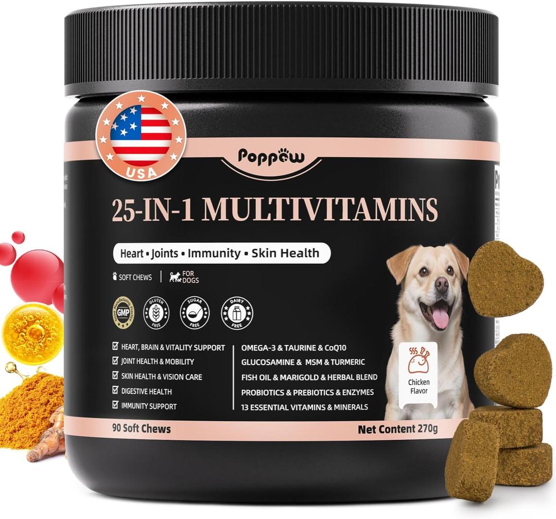 25-in-1 Dog Multivitamin Chews All-in-One Daily Vitamins & Supplements for Dogs, Joint Support with Glucosamine MSM, Omega-3 Skin & Coat, Gut, Heart & Brain, All Breeds & Ages, Chicken, 90 Ct